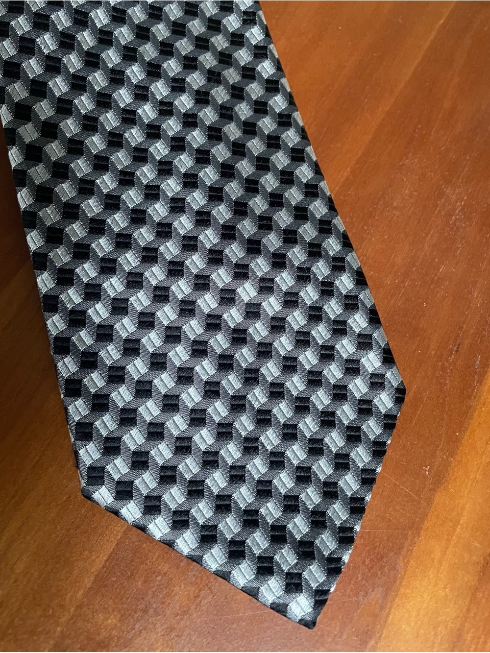 Massini Silk Black Silver Neck Tie Geometric 3D Cube Pattern Optic Illusion